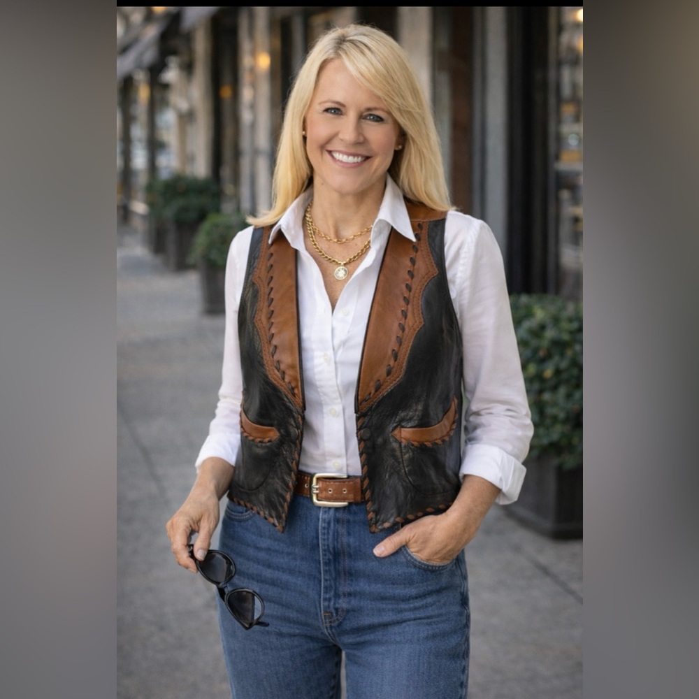 Vintage Leather Vest – Hand-Laced Western / Biker Style – Black & Brown